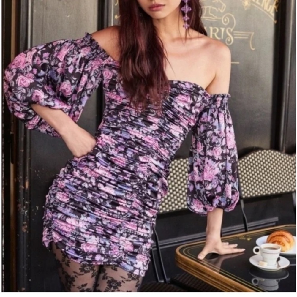 For Love and Lemons Free People Ruched Floral Off the Shoulder Dress XS